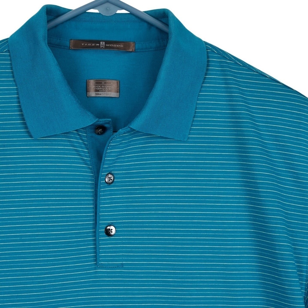 Nike Tiger Woods Polo Mens Medium Teal Blue Micro Stripe Cotton Blend FITDRY